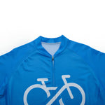 The Bike Logo Blue Cycling Jersey Set is a breathable, short-sleeved blue jersey featuring a front zipper and a white bicycle graphic on the chest, all against a white background for style and optimal performance.
