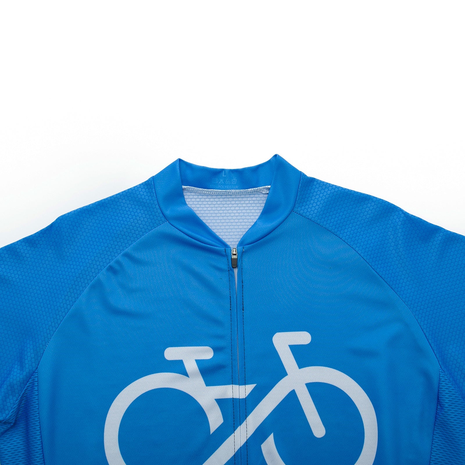 The Bike Logo Blue Cycling Jersey Set is a breathable, short-sleeved blue jersey featuring a front zipper and a white bicycle graphic on the chest, all against a white background for style and optimal performance.