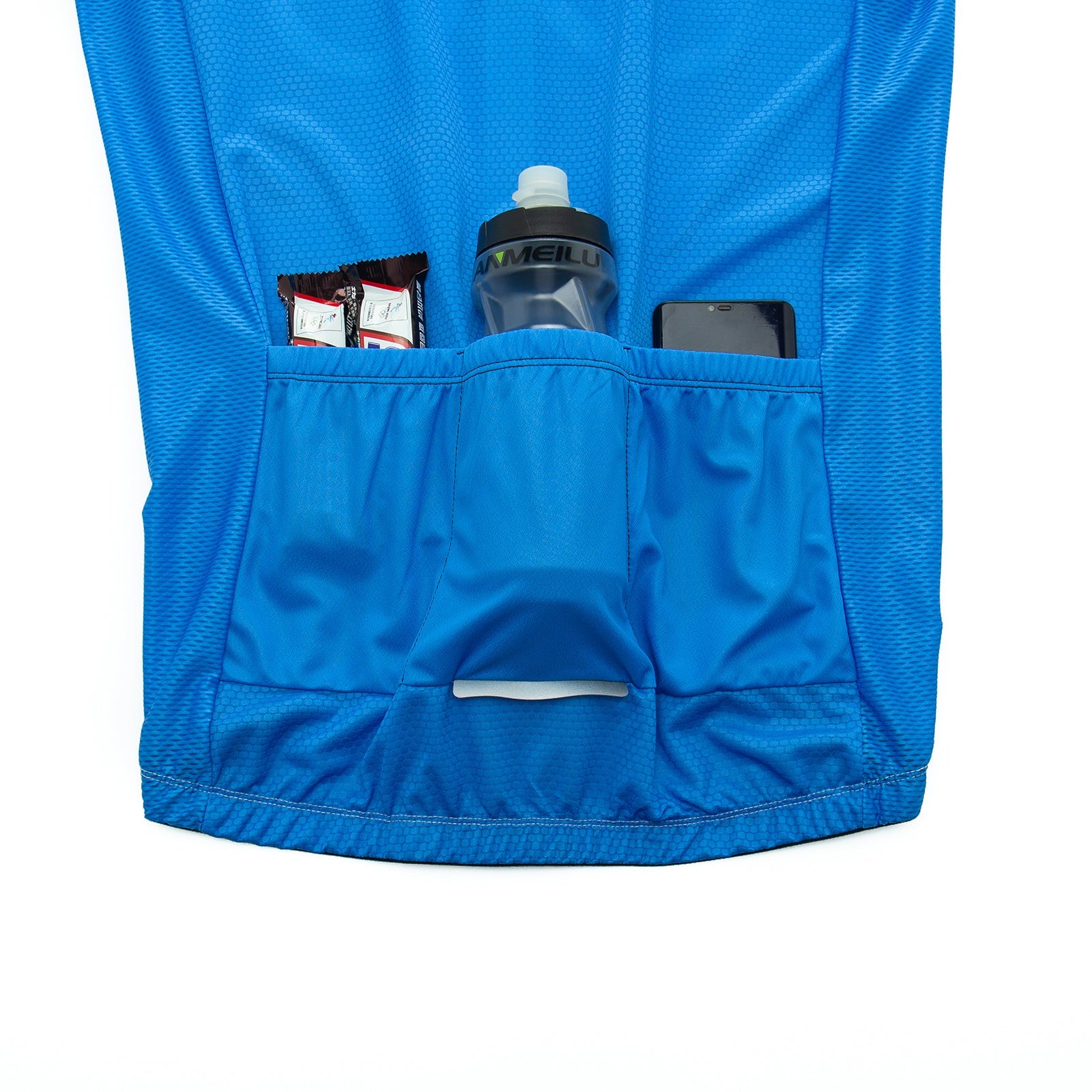 The Bike Logo Blue Cycling Jersey Set is ideal for cycling enthusiasts, featuring three rear pockets to hold two energy bars, a black and gray water bottle, and a black smartphone. Its part of our performance gear line for breathable comfort.