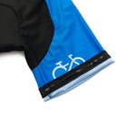 The Bike Logo Blue Cycling Jersey Set, featuring blue and black color blocks and a white bicycle icon near the hem, offers a breathable fit with black elastic for comfort.