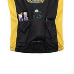 The Dont Stop Riding Cycling Jersey Set in black and yellow, made from lightweight polyester, features back pockets that can hold two chocolate bars, a water bottle, and a small electronic device. The comfortable and breathable design partially displays the text Racing.