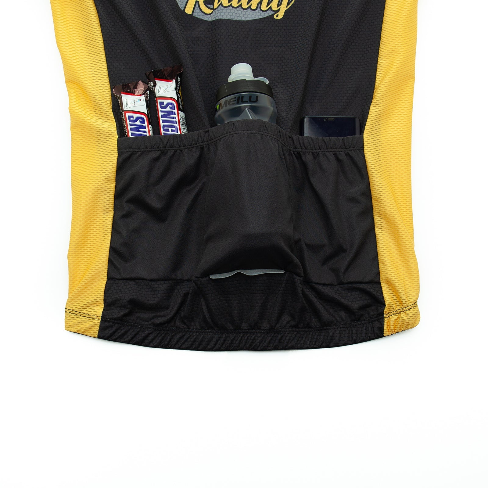 The Dont Stop Riding Cycling Jersey Set in black and yellow, made from lightweight polyester, features back pockets that can hold two chocolate bars, a water bottle, and a small electronic device. The comfortable and breathable design partially displays the text Racing.