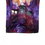 The Womens Tacos Cat Cycling Jersey Set can hold a water bottle, two energy bars, and a smartphone. It boasts a cosmic galaxy design with cats and pizza in space and includes a comfortable gel seat pad for long rides.