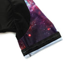 The Womens Tacos Cat Cycling Jersey Set features black-and-galaxy-themed fabric sleeves with cosmic stars and nebula patterns, capped by light blue cuffs for a striking contrast against the dark material.
