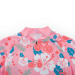 The Womens Pink Floral Cycling Jersey Set features a charming floral design with red and white flowers, green leaves, and red bicycles. With a front zipper and short sleeves, its perfect for any ride.