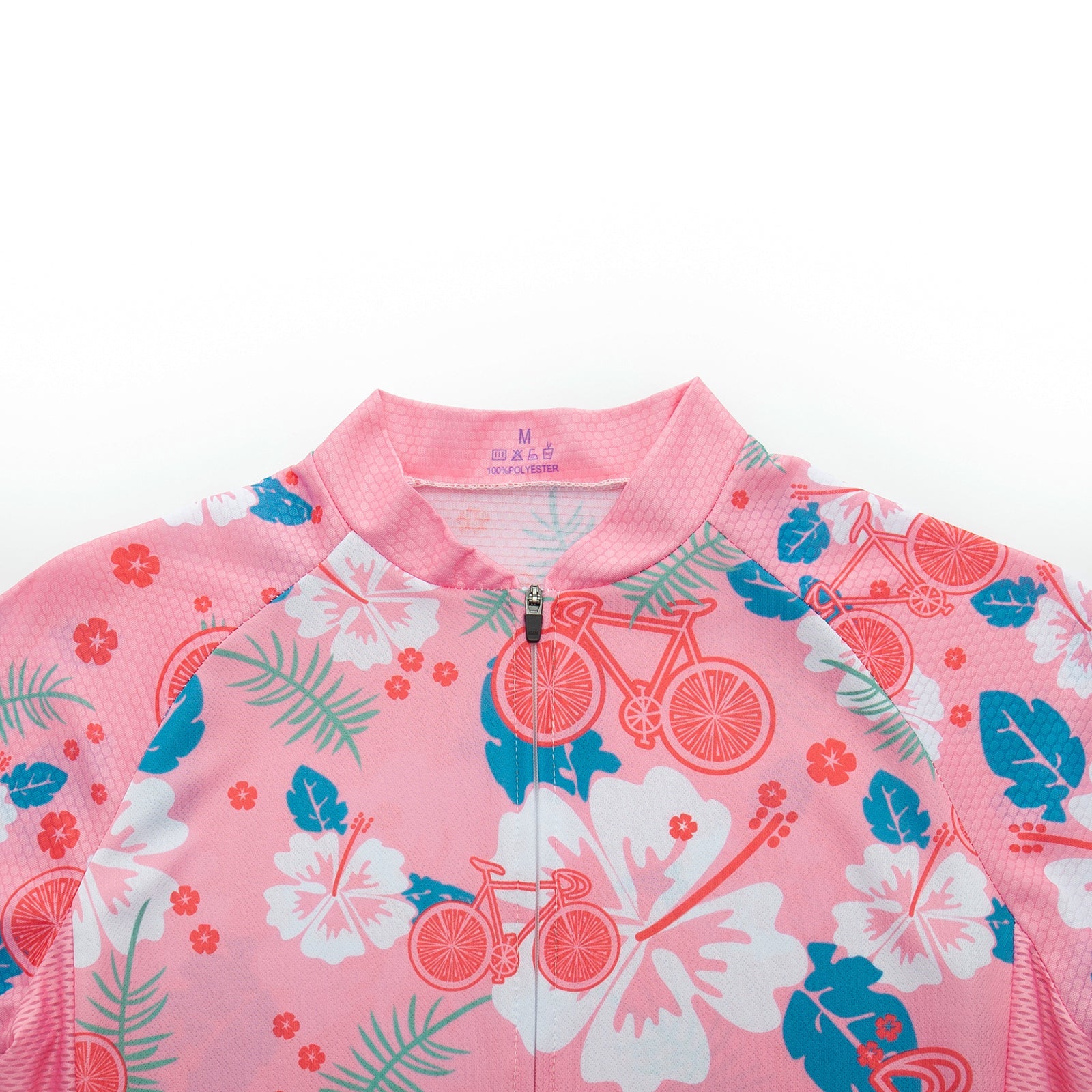 The Womens Pink Floral Cycling Jersey Set features a charming floral design with red and white flowers, green leaves, and red bicycles. With a front zipper and short sleeves, its perfect for any ride.