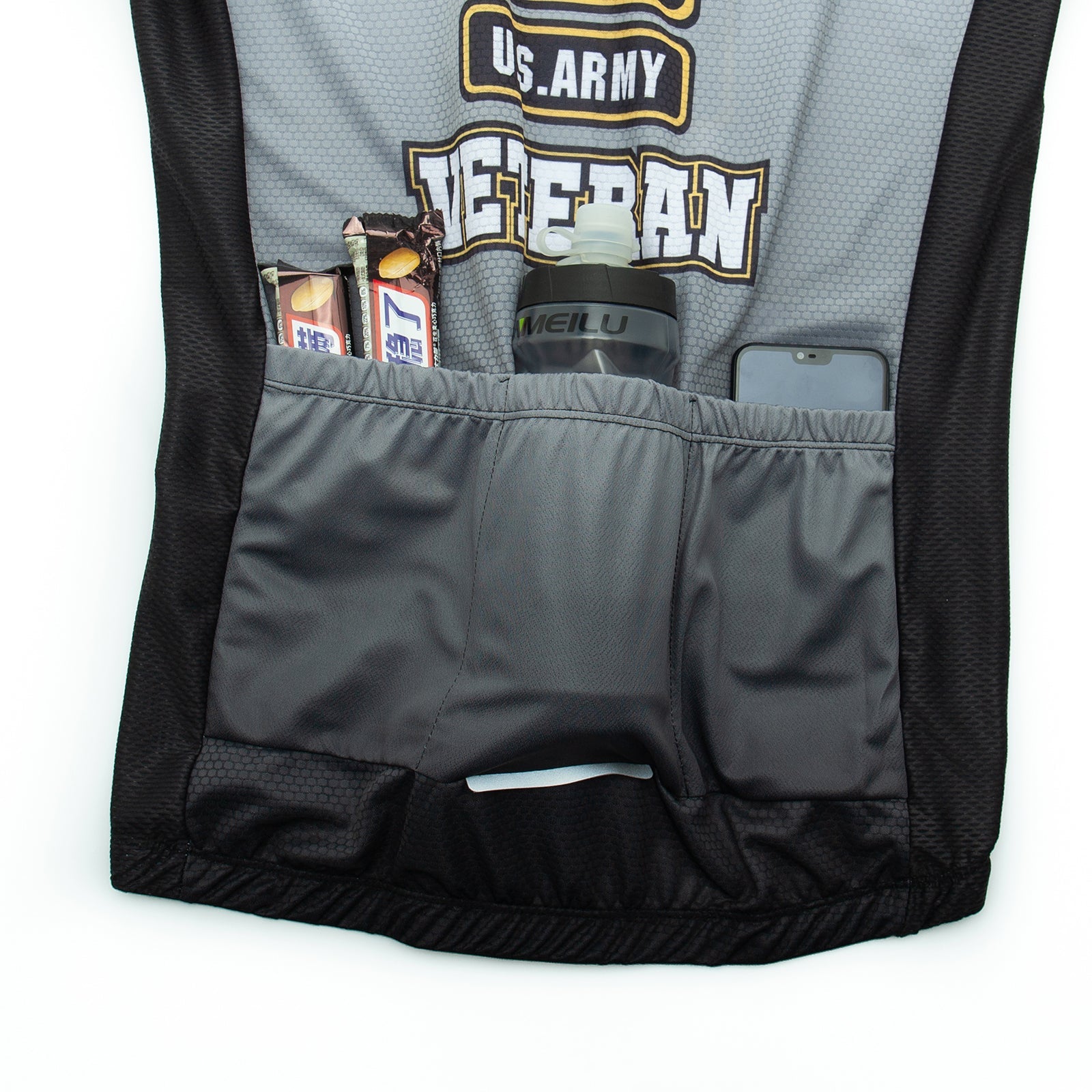 The US Army Veteran Cycling Jersey Set showcases a gray and black design with U.S. Army Veteran text. The rear pockets conveniently hold two energy bars, a water bottle, and a smartphone.