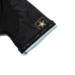 The US Army Veteran Cycling Jersey Set includes a black sleeve with a small square patch featuring a white star outlined in gold, and is accented by a subtle light blue hem.