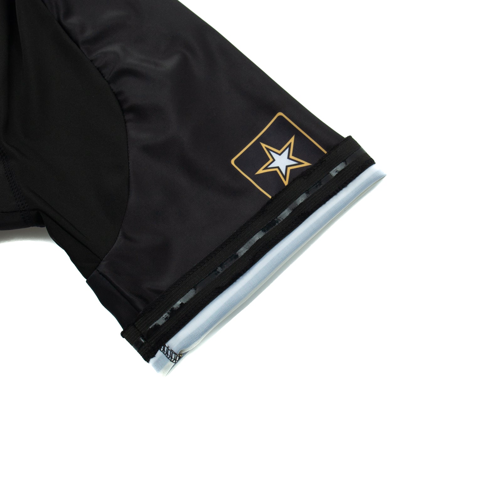 The US Army Veteran Cycling Jersey Set includes a black sleeve with a small square patch featuring a white star outlined in gold, and is accented by a subtle light blue hem.