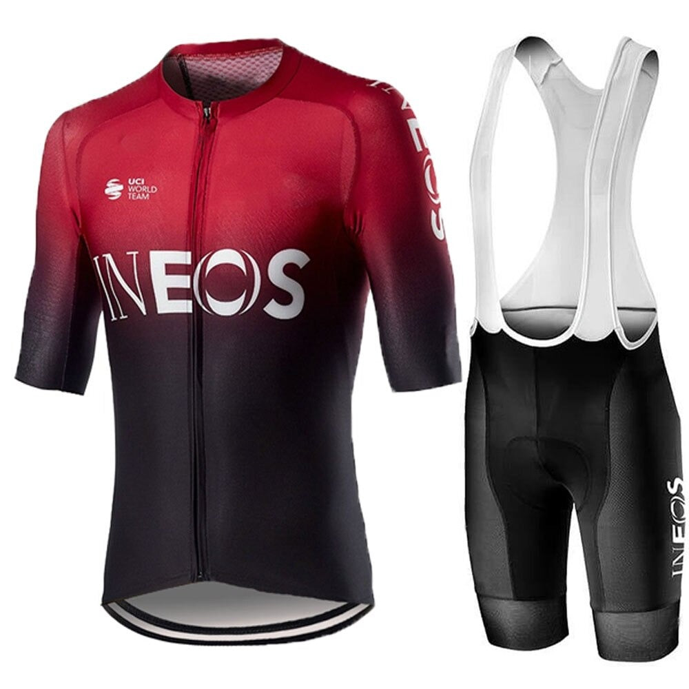 The INEOS Grenadier 2020 Cycling Team Jersey Set includes a red and black gradient short-sleeve jersey with a full front zipper and black bib shorts with white straps, both featuring INEOS in bold white letters.