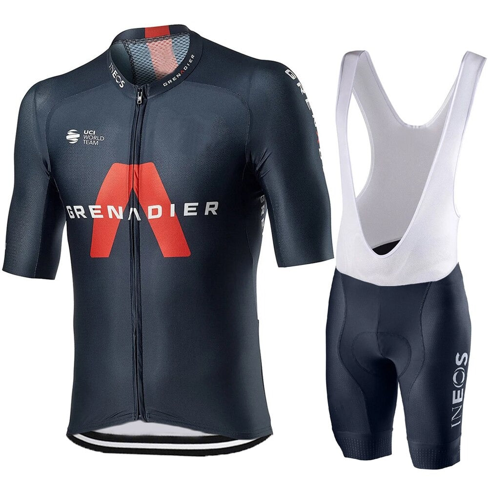 Experience the INEOS Grenadier 2020 Cycling Team Jersey Set, expertly crafted from lightweight polyester. The navy blue short-sleeve jersey displays a striking red A and GRENADIER logo, with matching bib shorts featuring white straps and prominent INEOS text. A must-have for cycling enthusiasts!.