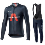 The INEOS Grenadier 2020 Cycling Team Long Set includes a long-sleeve jersey with GRENADIER in white and a bold red A, and bib tights featuring INEOS. Designed for performance, it offers a fleece option for colder rides.
