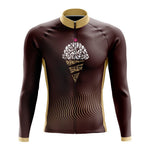 Introducing the Ice Cream Retro Cycling Jersey (with Fleece Option): a long-sleeve cycling marvel in chocolate brown with beige highlights, featuring a chic ice cream cone pattern on the chest and wavy lines on the lower section for added flair.