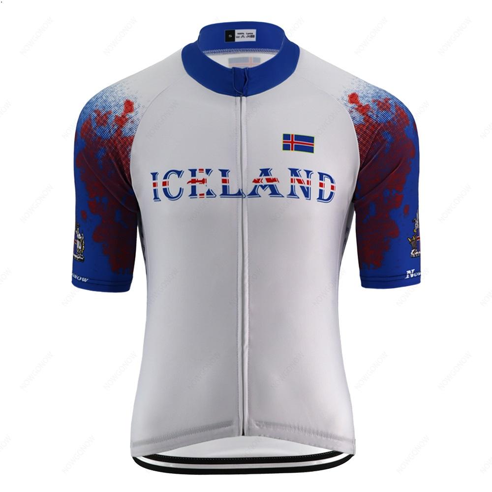 The Iceland White Cycling Jersey is designed for performance with lightweight polyester fabric. It features blue and white colors, an Icelandic flag on the chest, ICELAND in bold, and sleeves with a blue gradient design enhanced by striking red accents.