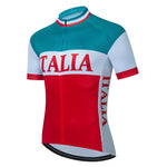 The Italia Retro Cycling Jersey, featuring ITALIA across the chest in teal, white, and red, is crafted from lightweight polyester with short sleeves and a front zipper for a stylish Italian-themed ride.
