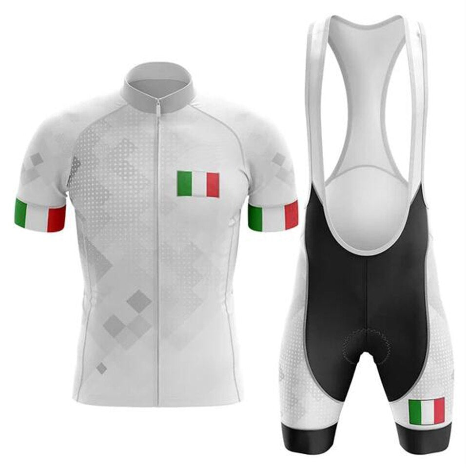 The Italy Pro Team Cycling Jersey Set features a sleek jersey with an Italian flag design on the chest and sleeves, a front zipper, and subtle geometric patterns. It pairs with classic black and white bib shorts for a sophisticated look.