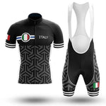 The Italy Pro Team Cycling Jersey Set includes a lightweight black and white jersey featuring geometric patterns, ITALY, an Italian flag emblem, striped sleeves, and black bib shorts with a seat pad and an Italian flag on the leg.
