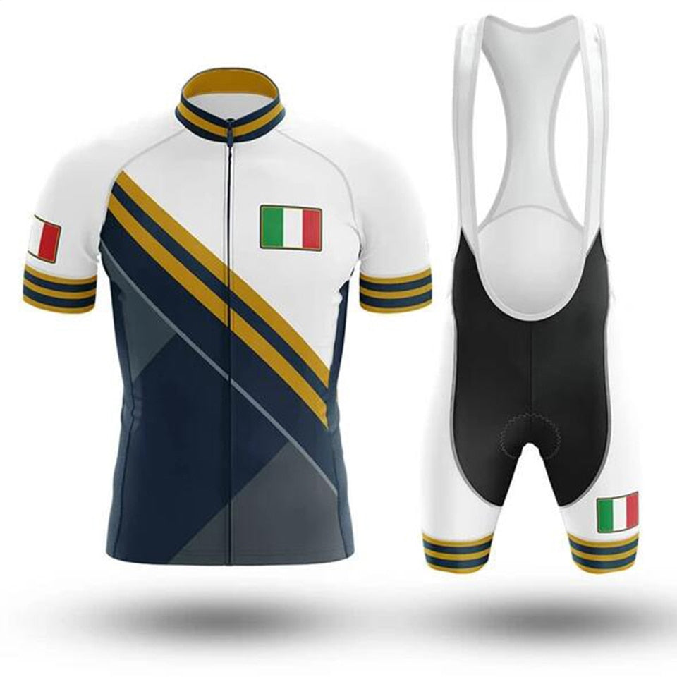 Experience the Italy Pro Team Cycling Jersey Set, including a short-sleeve jersey in white with navy and mustard stripes plus Italian flag patches, paired with black bib shorts featuring a comfortable seat pad and matching flag motifs.