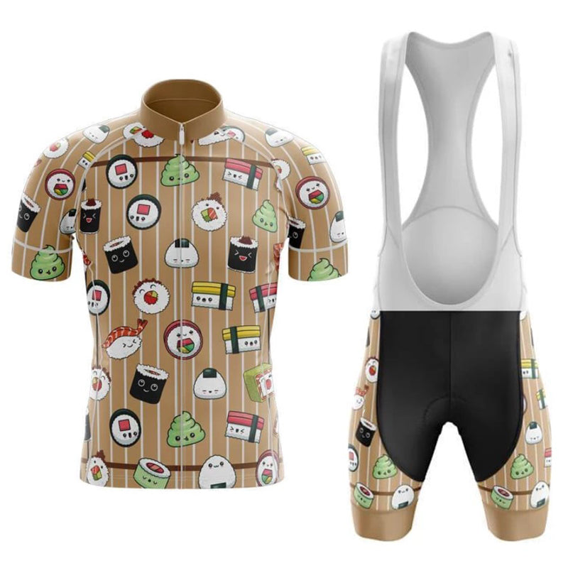Explore the Japanese Sushi Rolls Cycling Jersey Set, featuring a brown jersey and bib shorts adorned with cute sushi and food illustrations like onigiri and green characters, all set against a vertically striped background. This breathable apparel is ideal for your rides.
