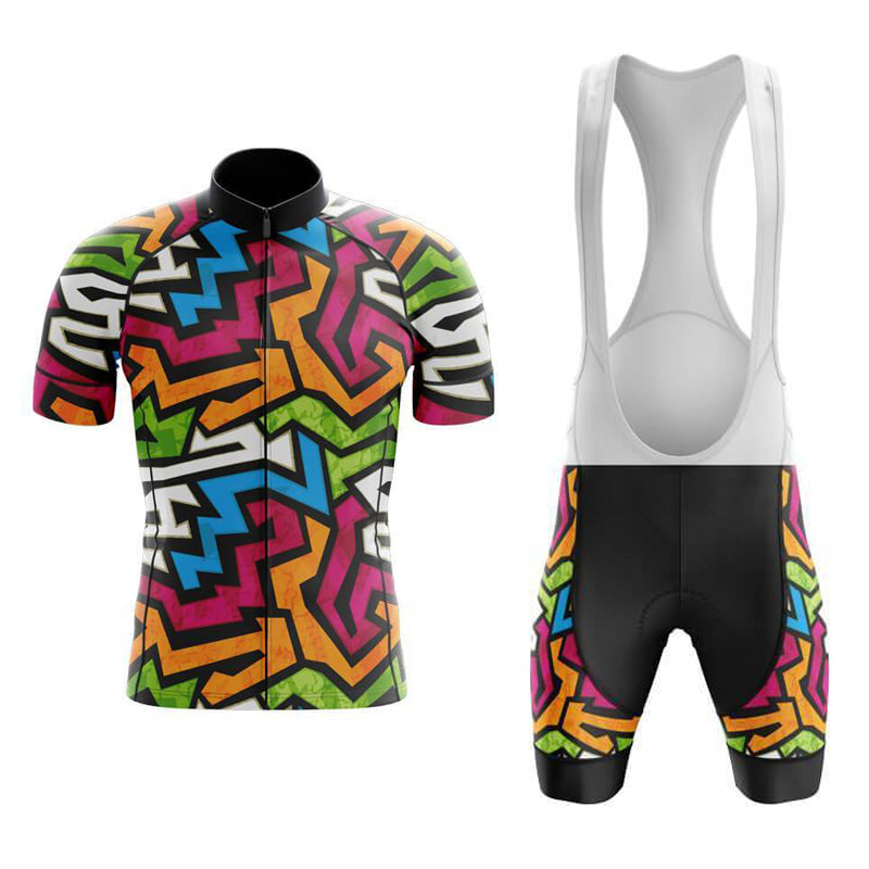 The Jazzy Bright Lines Retro Cycling Jersey Set includes a lightweight polyester short-sleeve jersey and bib shorts in vibrant green, pink, blue, orange, and black geometric patterns. The bib shorts are equipped with a gel seat pad for added comfort on long rides.