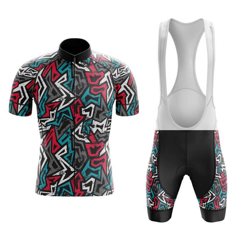 Introducing the Jazzy Lines Retro Cycling Jersey Set: a vibrant geometric design in red, teal, white, and black. Made from lightweight polyester, it includes a short-sleeve jersey with a black collar and bib shorts featuring a gel seat pad and matching side patterns for supreme comfort.