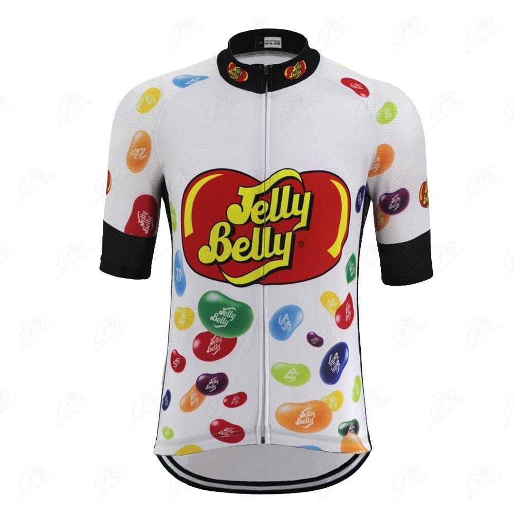 Experience vibrant rides with Jelly Belly Cycling Jerseys, featuring a colorful jelly bean design, bold red and yellow Jelly Belly logo, multicolored beans, and sleek black accents on the sleeves and collar.