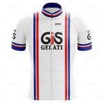 The GiS Gelati Retro Cycling Jersey Set is made of breathable, lightweight polyester with vertical blue and red stripes and has GIS GELATI on the front, with matching striped sleeves.