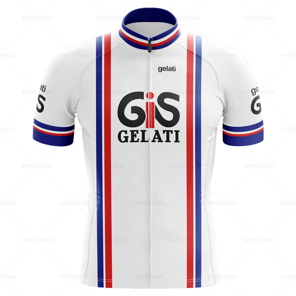 The GiS Gelati Retro Cycling Jersey Set is made of breathable, lightweight polyester with vertical blue and red stripes and has GIS GELATI on the front, with matching striped sleeves.