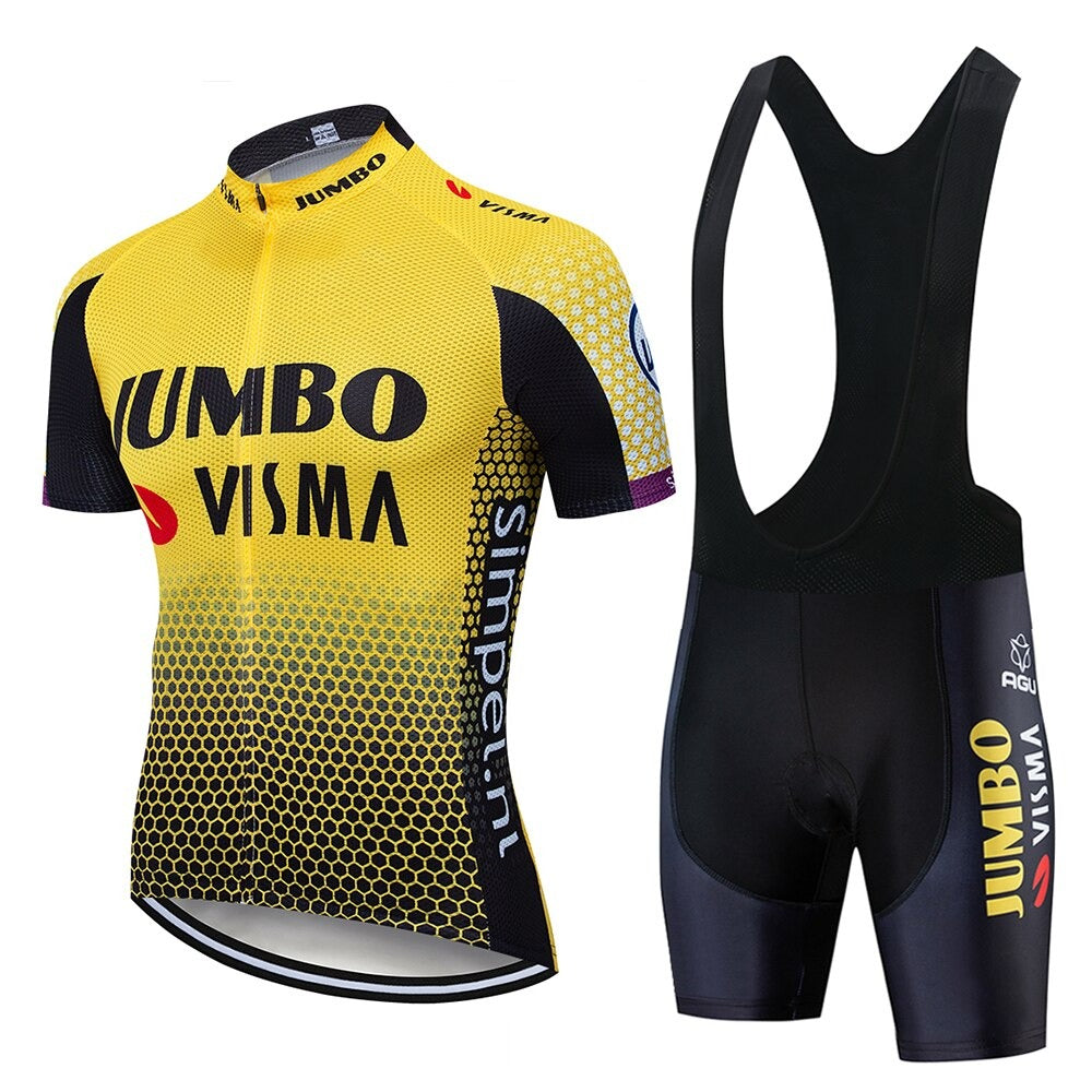 The Jumbo Visma Pro Team Cycling Jersey Set includes a yellow and black jersey with gradient dots, inspired by the Liège-Bastogne-Liège race, featuring a zippered front and matching black bib shorts, both showcasing Jumbo Visma branding.
