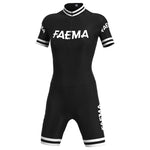 The Womens Faema 1955 Retro Cycling Jersey Set showcases FAEMA in bold white letters, echoing a 1955 style. It features classic white stripes on the cuffs and collar against a plain white background.