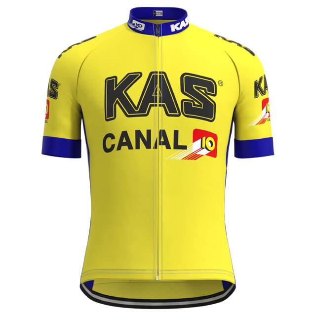 The KAS Canal Retro Cycling Jersey Set features a bright yellow cycling jersey with KAS and CANAL 10 logos, blue accents on the short sleeves and collar, combining classic style with breathable comfort.