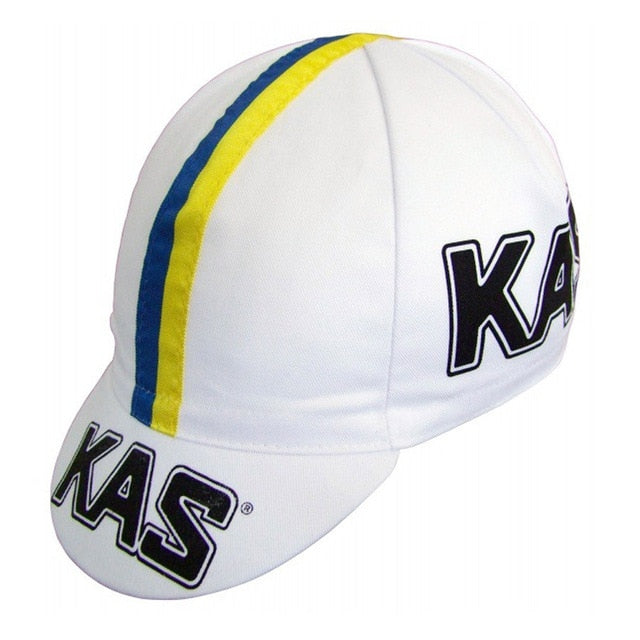 Explore the KAS Retro Cycling Cap from vintagecycling.shop, featuring a classic design with bold KAS in black on a white background and a striking blue and yellow vertical stripe.