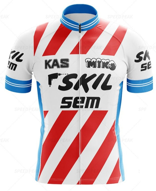 The KAS Skil Sem Retro Cycling Jersey Set features diagonal red stripes on a white background with blue-accented sleeves and collar, showcasing KAS Skil Sem logos. Made for performance, its breathable fabric and visible front zipper ensure comfort on every ride.