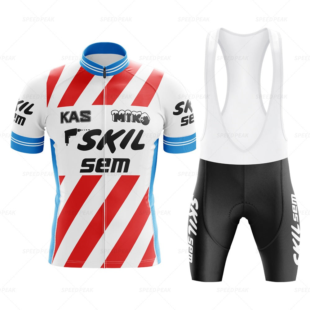 The KAS Skil Sem Retro Cycling Jersey Set includes a jersey with red and white stripes, blue sleeve accents, and various logos. Its paired with black bib shorts made from performance breathable fabric featuring matching branding.