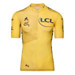 LCL Tour de France 2020 Replica Cycling Jersey in yellow features LCL logos, a cyclist icon, short sleeves, and a front zipper—ideal for cycling enthusiasts.