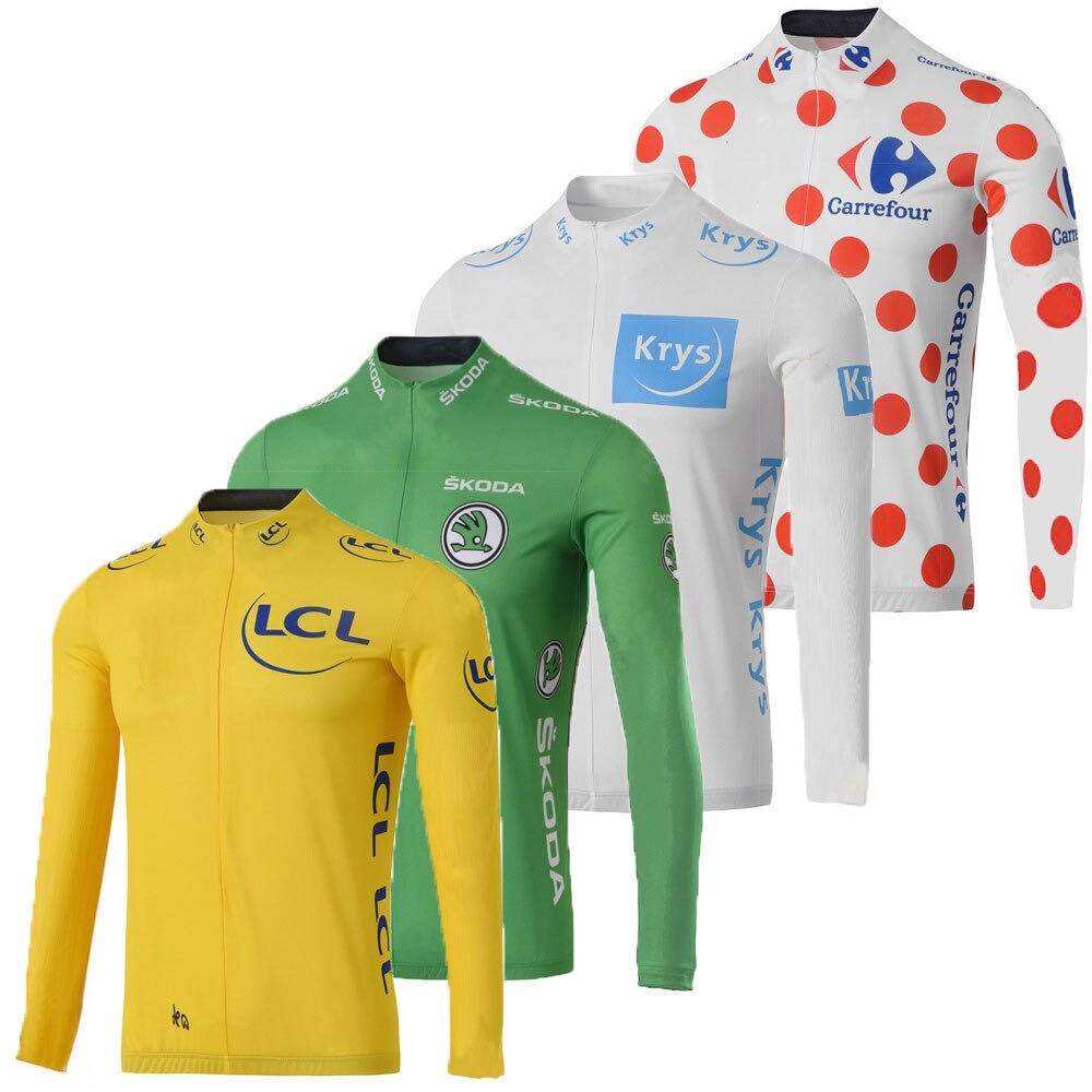 Displayed are four Tour de France cycling jerseys: a yellow LCL, a green Skoda, a white Krys, and a white polka dot Carrefour. Each has long sleeves and brand logos as part of the LCL Tour de France Replica Cycling Jerseys (with Fleece Option) collection.
