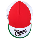 The La Casera-Bahamontes Retro Cycling Cap features a vibrant red top panel, white side panels, and a green-edged brim with La Casera in bold script. Inspired by the iconic La Casera-Bahamontes era, its available at vintagecycling.shop.