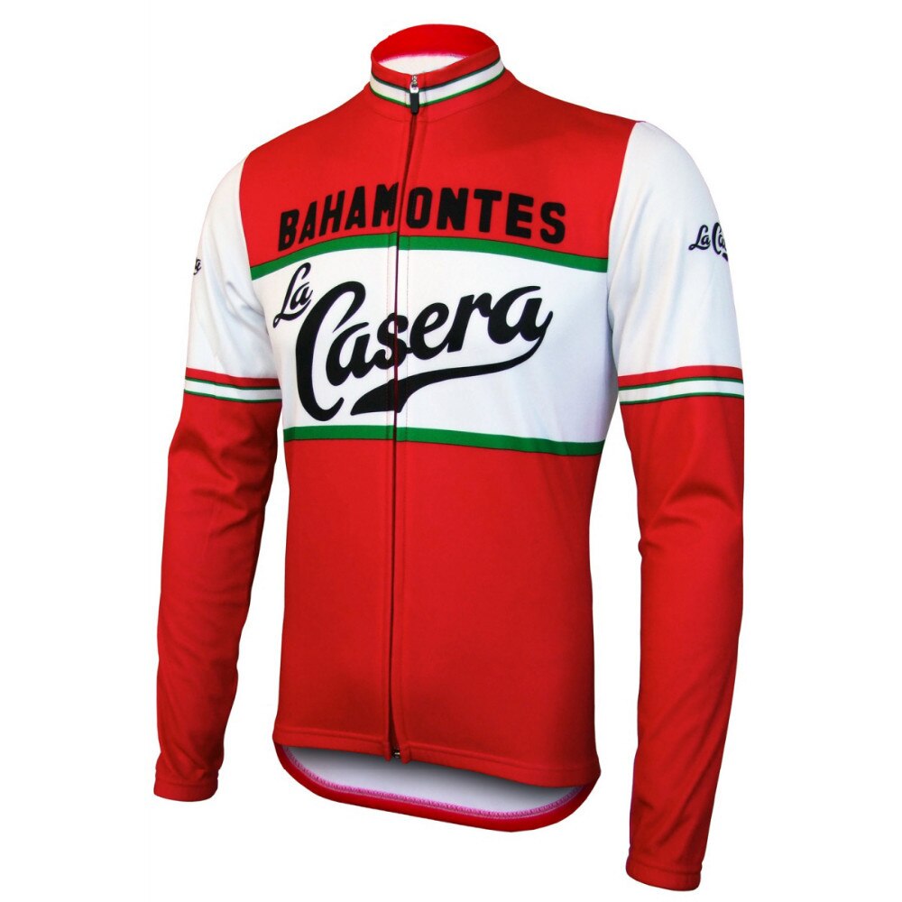 The La Casera-Bahamontes Retro Cycling Jersey boasts red and white long sleeves with La Casera-Bahamontes in bold black and white. Green stripes add flair to the chest and sleeves, while a front zipper completes this vintage look.