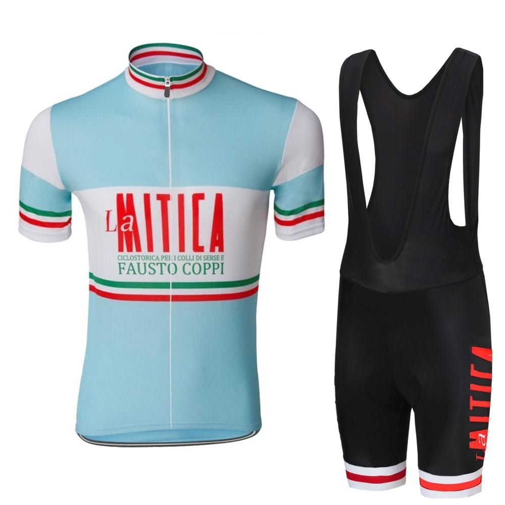 Front view of the La Mitica Fausto Coppi Retro Cycling Jersey Set in light blue with red and white accents, featuring La Mitica and Fausto Coppi text, paired elegantly with matching black bib shorts showcasing bold red lettering on the sides.
