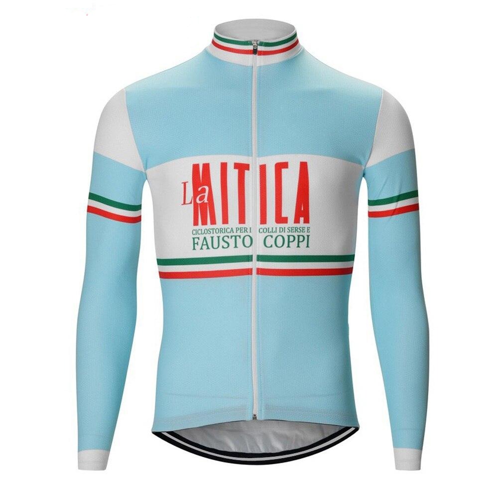 Introducing the La Mitica Fausto Coppi Retro Cycling Jersey: a blue, white, and red striped design that honors vintage bikes. Featuring La Mitica and Fausto Coppi, this long-sleeved jersey with a front zipper is ideal for cyclists seeking classic style.