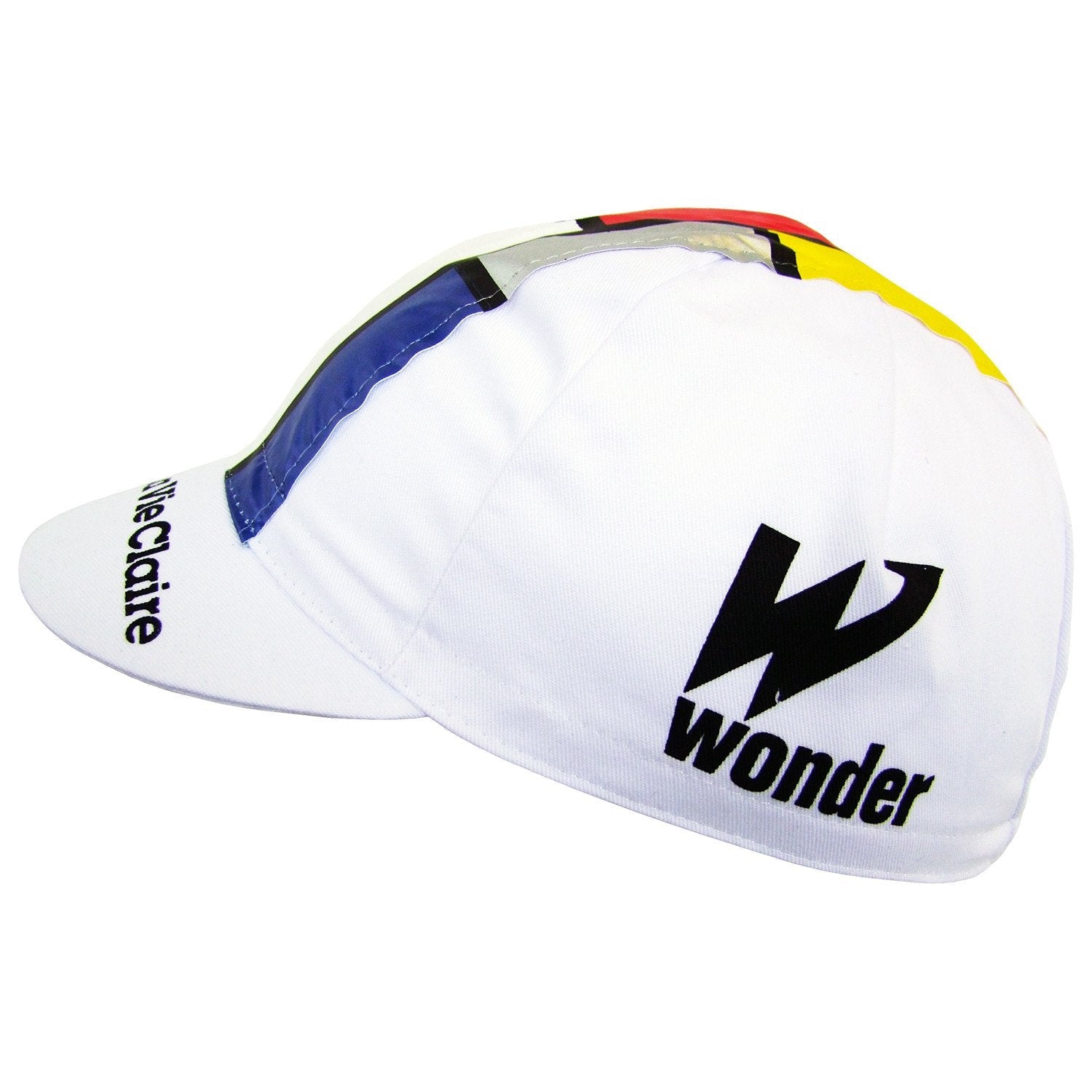 The La Vie Claire Retro Cycling Cap is white with a central colorful stripe featuring blue, black, and yellow sections. It includes wonder and Le Claire in black text on the side, paying homage to vintage La Vie Claire style.