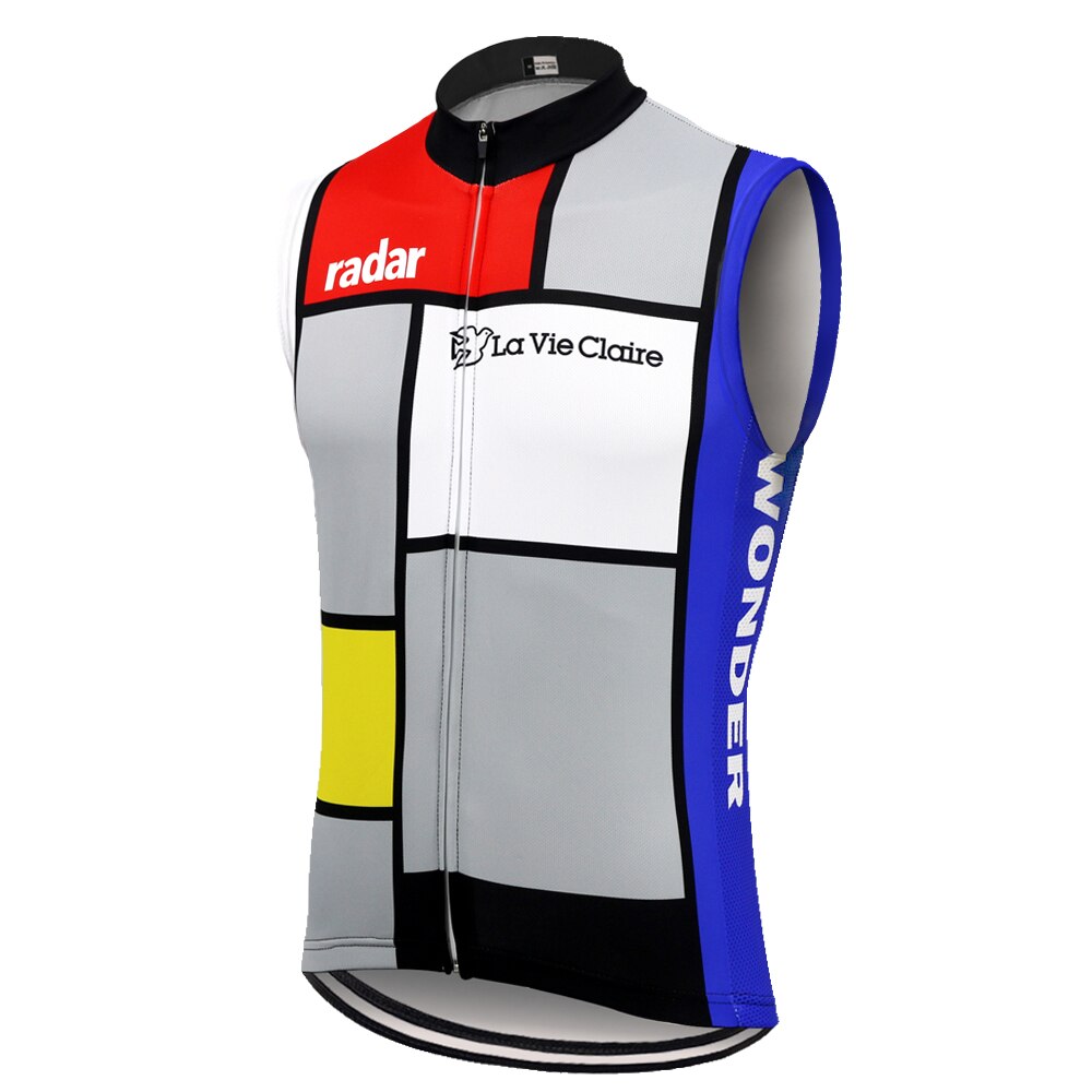 The La Vie Claire Retro Cycling Vest is a sleeveless jersey with a front zipper and high collar, inspired by Piet Mondrians design. Featuring red, yellow, blue, and black blocks, it displays radar, La Vie Claire, and WONDER on the side for style and performance.