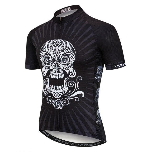 Discover the Laughing Skull Cycling Jersey, a high-performance piece made from lightweight polyester. This black short-sleeve jersey features an intricate white skull and gray radiating lines on the front, with Weimostar branding on the sleeves and hem.