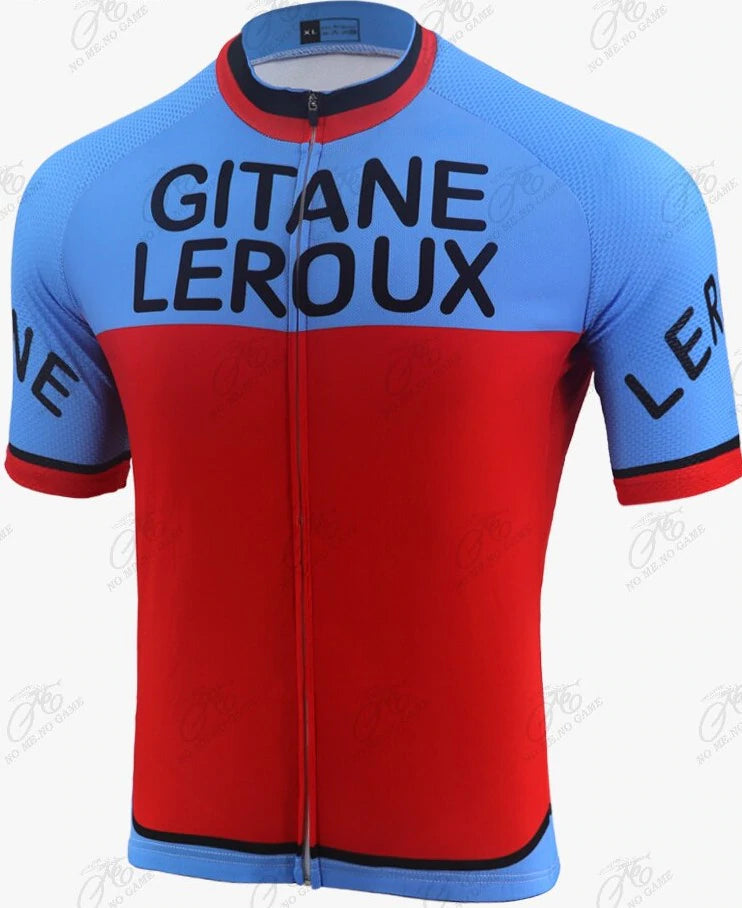 Embrace the Gitane Leroux 1962 Retro Cycling Jerseys charm with GITANE LEROUX text. Its blue top, red bottom, blue-accented sleeves, and front zipper evoke Tour de France elegance.