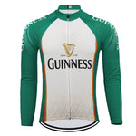 Introducing the Long Sleeve Guinness Retro Cycling Jersey: a green and white design featuring the iconic harp symbol. Guinness adorns the sleeves, complemented by subtle geometric patterns and a front zipper. Available with a fleece option.