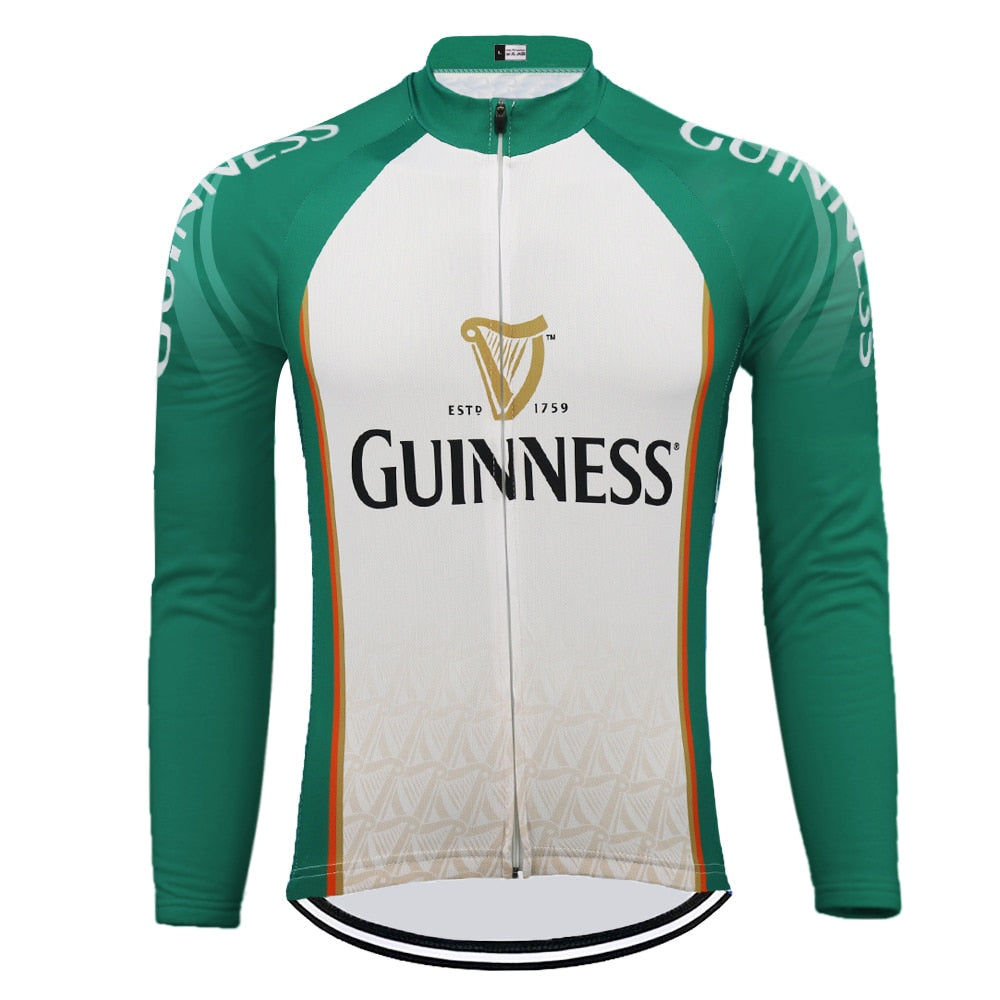 Introducing the Long Sleeve Guinness Retro Cycling Jersey: a green and white design featuring the iconic harp symbol. Guinness adorns the sleeves, complemented by subtle geometric patterns and a front zipper. Available with a fleece option.
