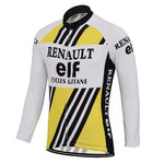 The Long Sleeve Renault-Elf Retro Cycling Jersey, available with a fleece option, evokes Tour de France nostalgia with its black and yellow diagonal stripes on white. The RENAULT elf CYCLES GITANE text appears on the chest and arms, making it ideal for cycling enthusiasts.