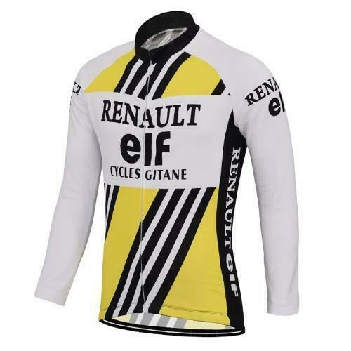 The Long Sleeve Renault-Elf Retro Cycling Jersey, available with a fleece option, evokes Tour de France nostalgia with its black and yellow diagonal stripes on white. The RENAULT elf CYCLES GITANE text appears on the chest and arms, making it ideal for cycling enthusiasts.