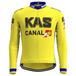 The KAS Canal Long Sleeve Retro Cycling Jersey, echoing the KAS CANAL design, is yellow with blue collar, cuffs, and hem accents and sleeve logos. Ideal for road cyclists, it offers a full-zip front for convenience and has a fleece option.