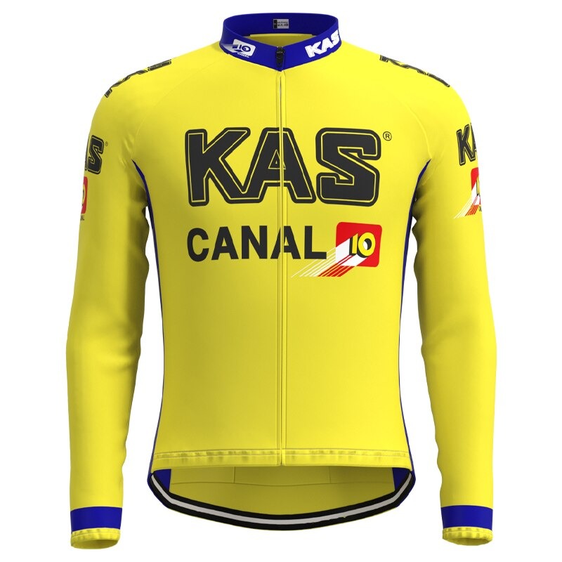 The KAS Canal Long Sleeve Retro Cycling Jersey, echoing the KAS CANAL design, is yellow with blue collar, cuffs, and hem accents and sleeve logos. Ideal for road cyclists, it offers a full-zip front for convenience and has a fleece option.